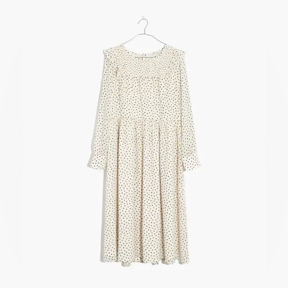 Madewell Smocked Ruffle-Shoulder Midi Dress in Inkbrush Dots
